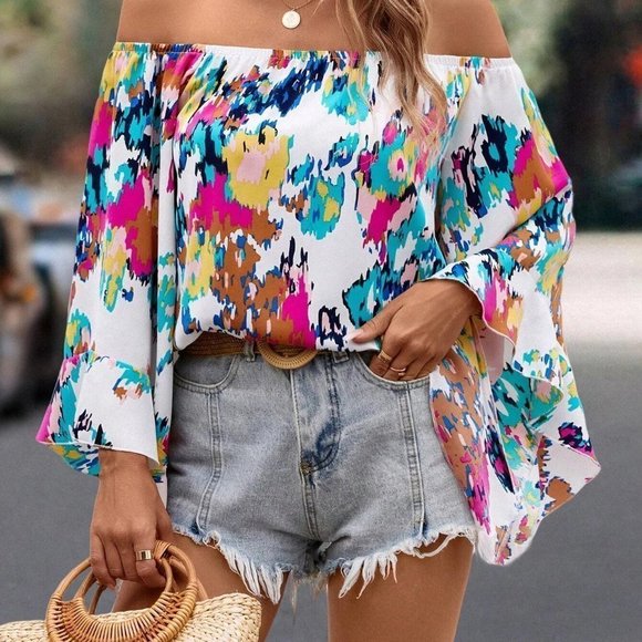 Tie Dye Print Off Shoulder Flounce Sleeve Blouse - Picture 5 of 5